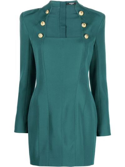 Balmain Green Square-neck Long-sleeve Dress | ModeSens