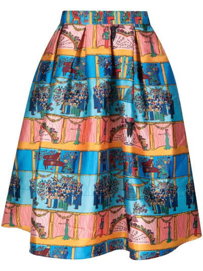 Shop Alessandro Enriquez Graphic-print Satin Midi Skirt In Blue