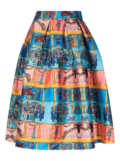 Shop Alessandro Enriquez Graphic-print Satin Midi Skirt In Blue