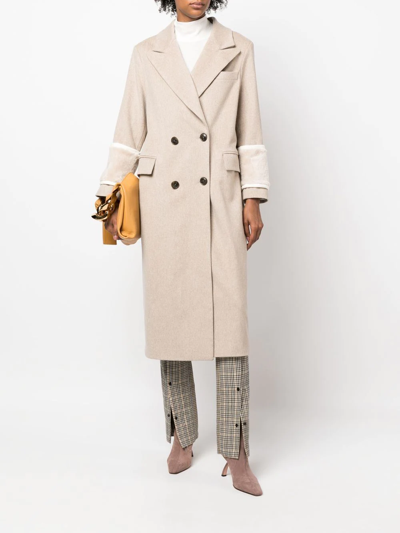 Shop Simonetta Ravizza Faux-fur Detail Double-breasted Coat In Neutrals