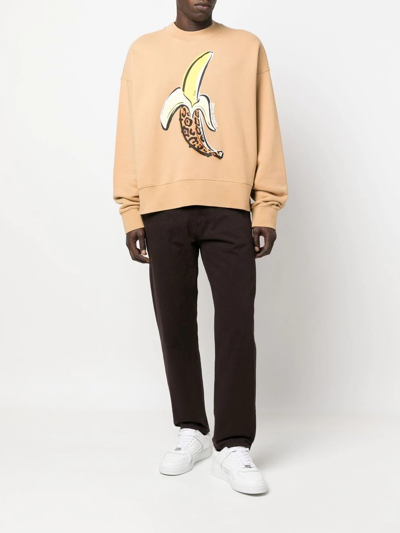 Palm Angels Banana Print Brown Crewneck Sweatshirt In Nuts Yellow