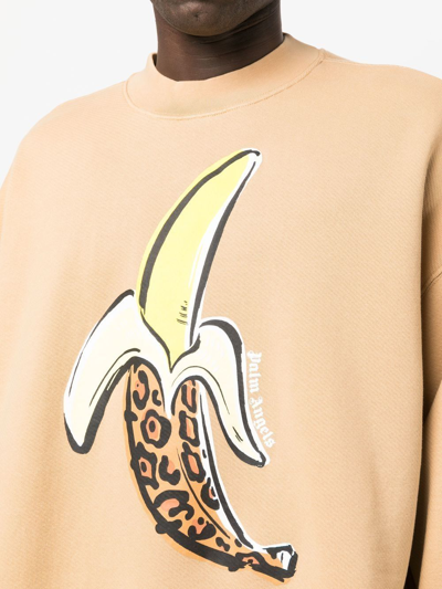 Palm Angels Banana Print Brown Crewneck Sweatshirt In Nuts Yellow