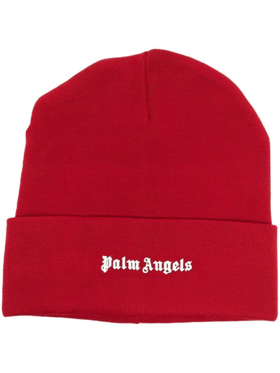 Shop Palm Angels Logo-print Knitted Beanie In Red