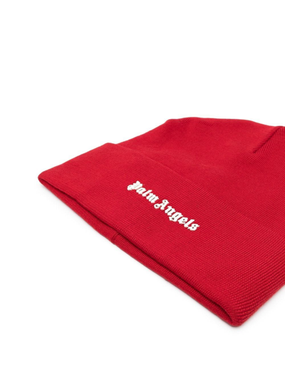 Shop Palm Angels Logo-print Knitted Beanie In Red