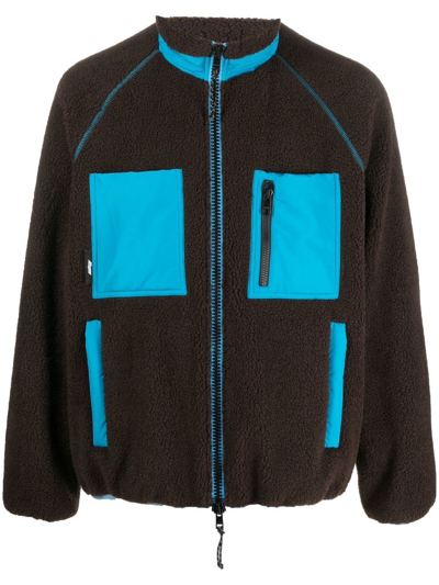 Msgm Logo High Neck Jacket With Contrast Pockets In Brown