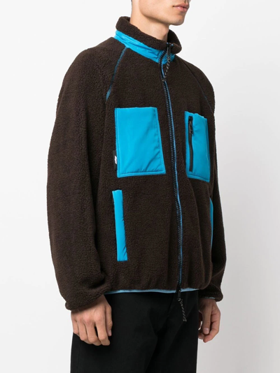 Shop Msgm Logo-patch Fleece Jacket In Brown