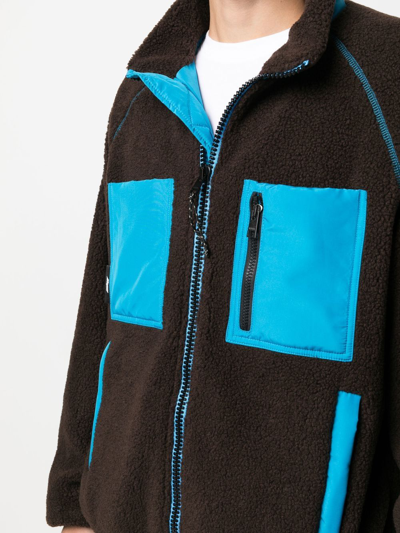 Msgm Logo High Neck Jacket With Contrast Pockets In Brown