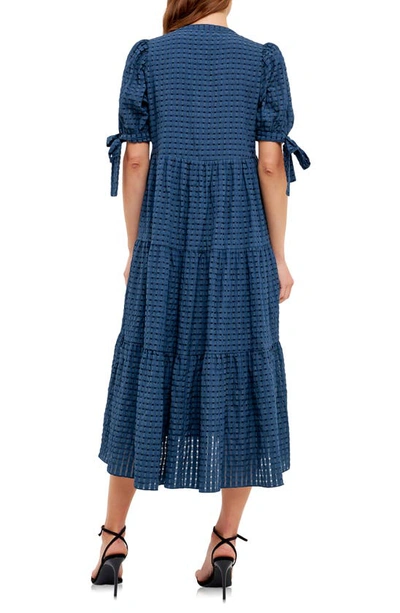 Shop English Factory Gingham Tiered Midi Dress In Navy