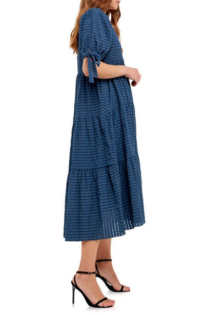English Factory Gingham Tiered Midi Dress In Navy