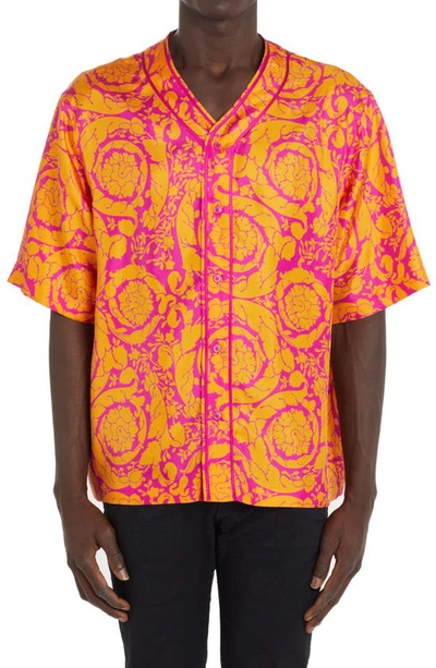 Shop Versace Barocco Print Silk Baseball Shirt In Magenta Tangerine