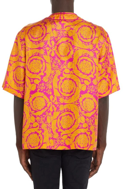 Shop Versace Barocco Print Silk Baseball Shirt In Magenta Tangerine