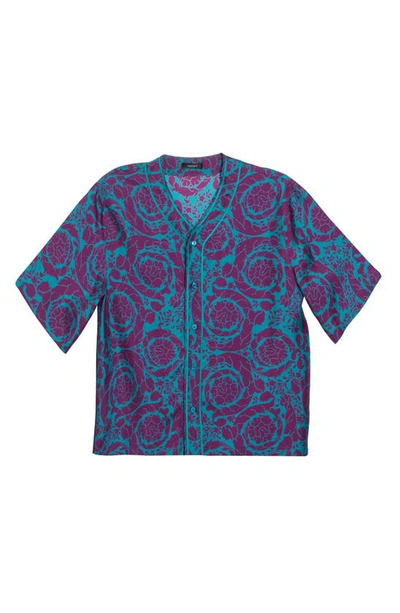 Shop Versace Barocco Print Silk Baseball Shirt In Teal Plum
