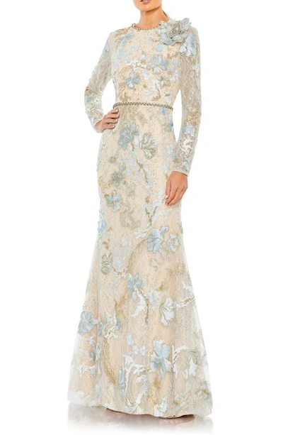 Shop Mac Duggal Long Sleeve Embellished Lace Trumpet Gown In Ice Blue