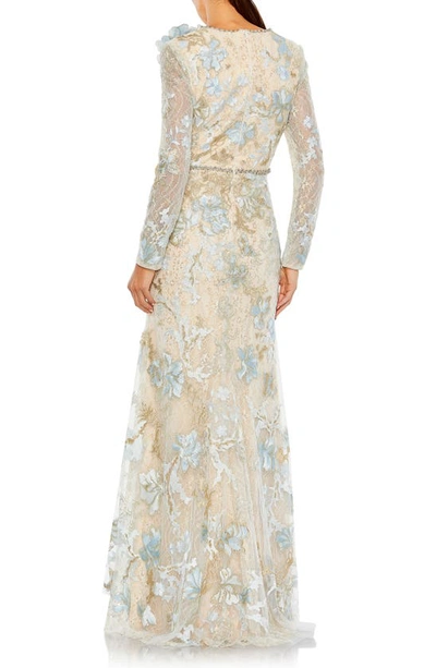 Shop Mac Duggal Long Sleeve Embellished Lace Trumpet Gown In Ice Blue