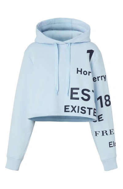 Shop Burberry Jenny Horseferry Print Crop Cotton Hoodie In Pale Blue