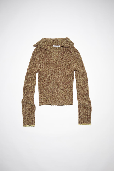 Shop Acne Studios Fn-wn-knit000479 Coffee Brown/pale Yellow Polo V-neck Knit Sweater In Coffee Brown,pale Yellow