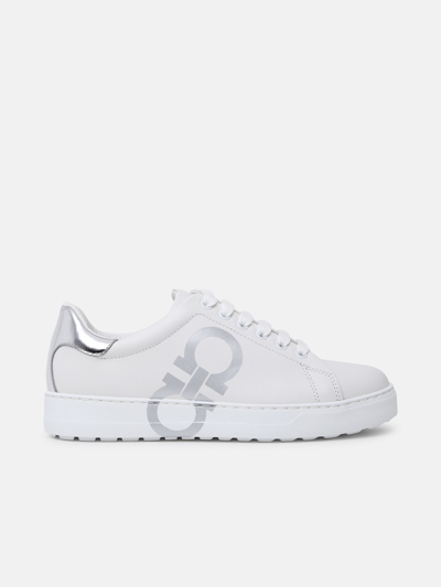 Shop Ferragamo White Calf Leather Number Sneakers In Silver
