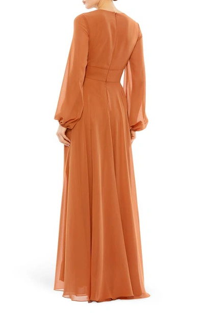 Shop Ieena For Mac Duggal Long Sleeve Chiffon Gown In Terra Cotta