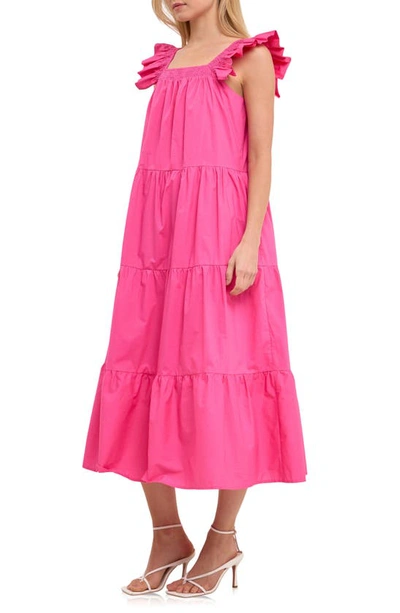 Shop English Factory Ruffle Detail Midi Dress In Fuchsia