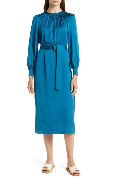 Shop Misook Gathered Neck Belted Crêpe De Chine Dress In Galactic Teal