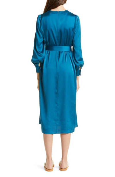 Shop Misook Gathered Neck Belted Crêpe De Chine Dress In Galactic Teal