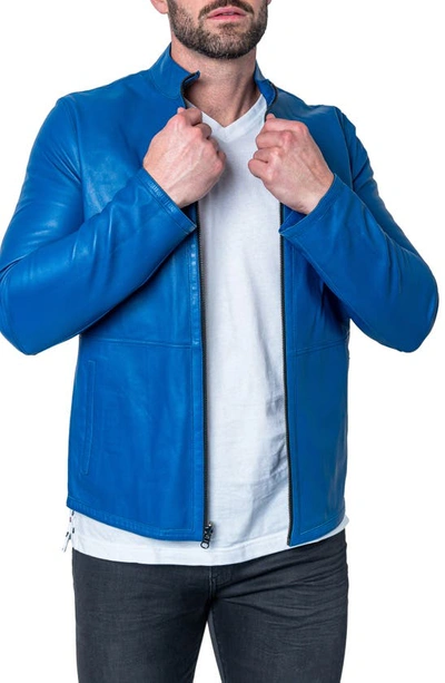Shop Maceoo Lab Blue Reversible Leather Jacket