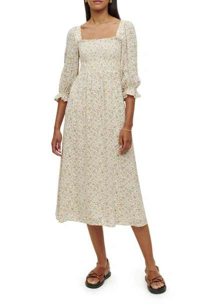 Shop Reformation Fabel Floral Smocked Midi Dress In Lima