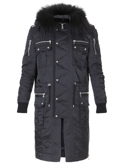 Shop Balmain Buttoned Parka Coat With Fur Hood Black