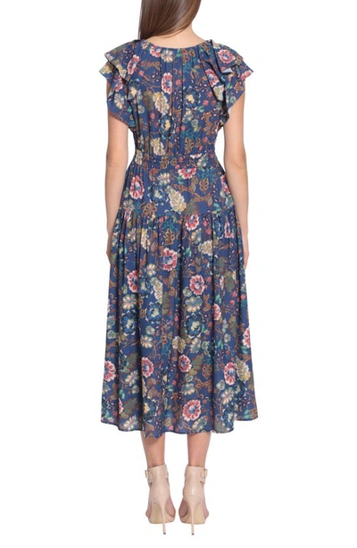 Shop Maggy London Ruffle Sleeve Midi Dress In Midnight Blue/misty Rose
