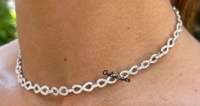 Pre-owned Online0369 Womens Infinity Choker Tennis 16" Necklace Round Moissanite 925 Silver Free Stud In White