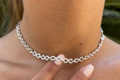 Pre-owned Online0369 Womens Infinity Choker Tennis 16" Necklace Round Moissanite 925 Silver Free Stud In White