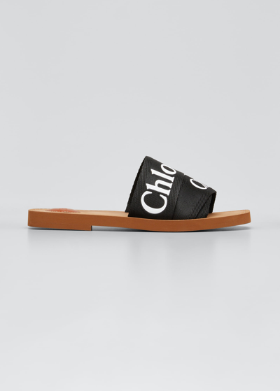 Shop Chloé Woody Flat Logo Ribbon Slide Sandals In Black