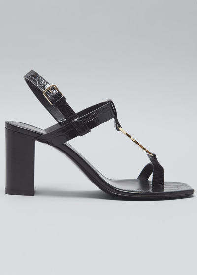 Shop Saint Laurent Cassandra Ysl Medallion Toe-ring Sandals In Croc Leather Blac