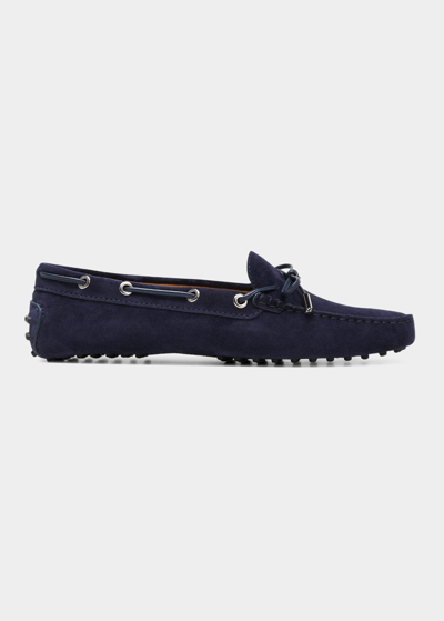 Shop Tod's Gommini Suede Driver Bow Loafers In Blue