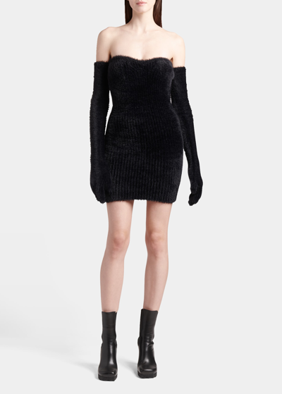 Shop Off-white Fuzzy Body-con Mini Dress With Attached Gloves In Black