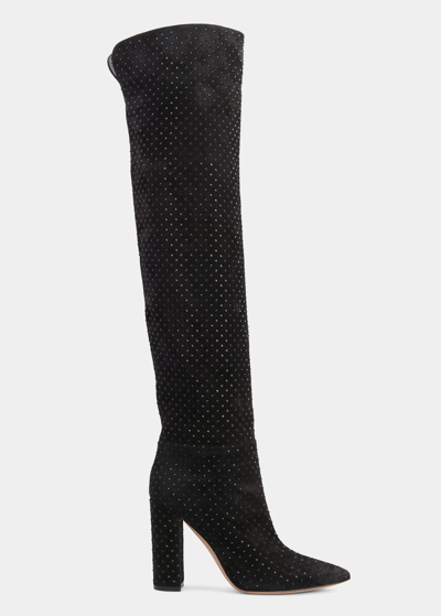 Shop Gianvito Rossi Piper Crystal Suede Over-the-knee Boots In Black