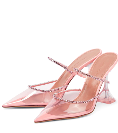 Shop Amina Muaddi Gilda Glass Embellished Mules In Baby Pink