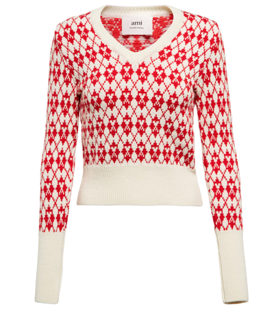 Shop Ami Alexandre Mattiussi Ami De Caur Jacquard Sweater In Off White/red