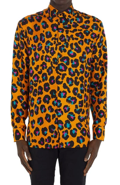 Shop Versace Daisy Leopard Print Silk Button-up Shirt In 5o010 Tangerine Multicolor