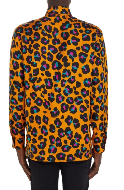 Shop Versace Daisy Leopard Print Silk Button-up Shirt In 5o010 Tangerine Multicolor