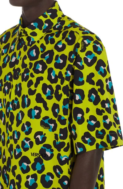 Shop Versace Leopard Print Short Sleeve Cotton Button-up Shirt In 5y200 Acid Lime Multicolor
