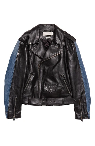 Shop Alexander Mcqueen Mixed Media Biker Jacket In Black/ Indigo/ Silver