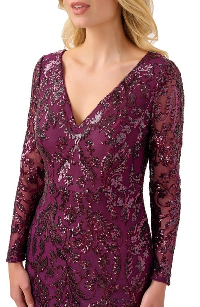 Shop Adrianna Papell Sequin Mesh Long Sleeve Trumpet Gown In Cassis