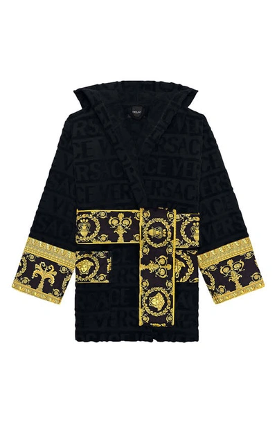 Shop Versace Barocco Hooded Short Bathrobe In Black