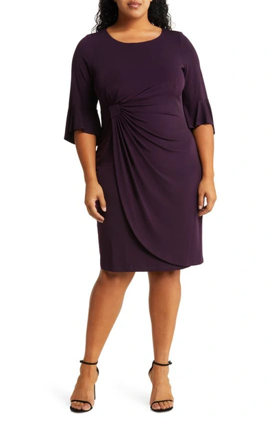 Shop Connected Apparel Gathered Bell Sleeve Faux Wrap Dress In Aubergene