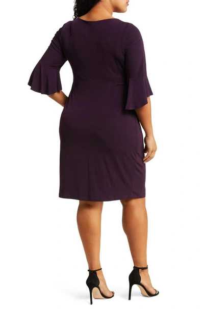 Connected Apparel Gathered Bell Sleeve Faux Wrap Dress In Aubergene