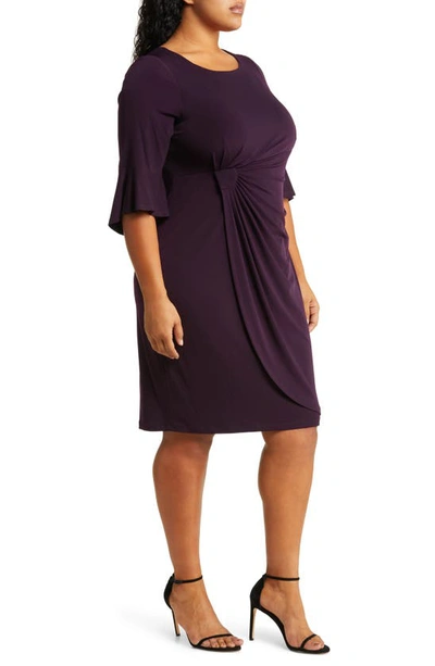 Connected Apparel Gathered Bell Sleeve Faux Wrap Dress In Aubergene