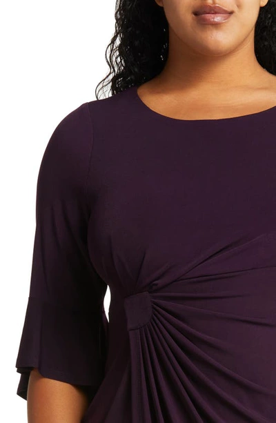 Connected Apparel Gathered Bell Sleeve Faux Wrap Dress In Aubergene