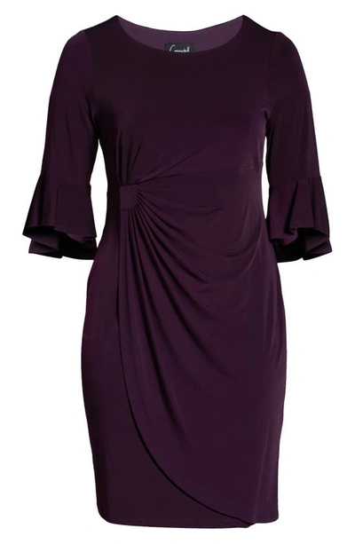 Connected Apparel Gathered Bell Sleeve Faux Wrap Dress In Aubergene