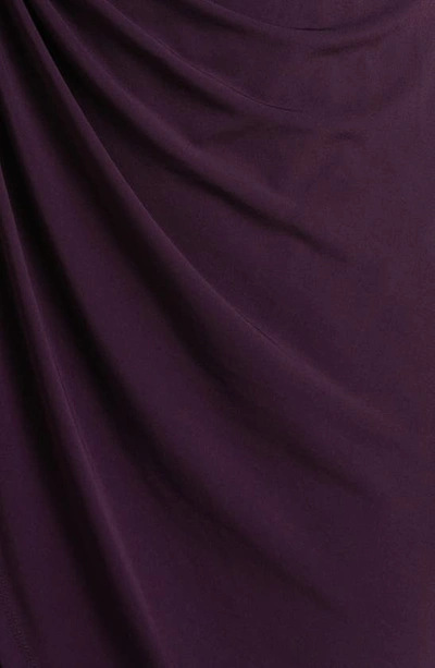 Connected Apparel Gathered Bell Sleeve Faux Wrap Dress In Aubergene